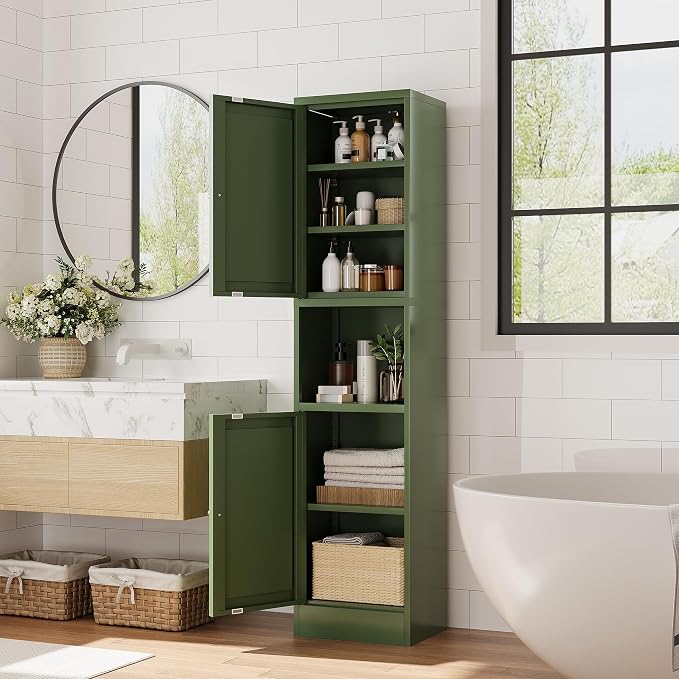 Narrow Bthroom Storage Cabinet Tall Metal Storage Cbinets with 4 Adjustable Shelves Freestanding 5 Tier Slim Pantry Cabinet for Kitchen Office Small Space