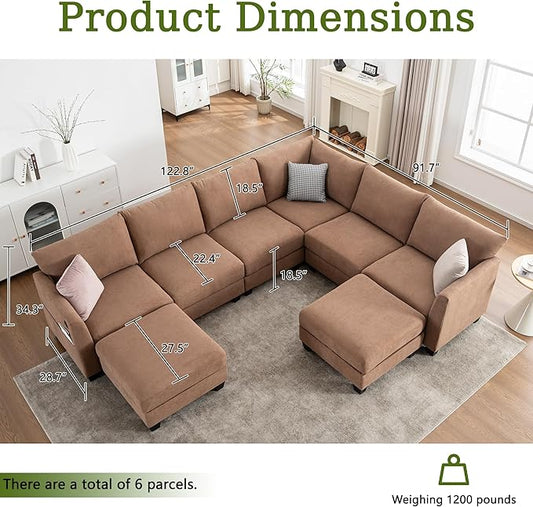 122.8" Large Sectional Couches for Living Room, 6 Seater L Shaped Modular Sectional Sofa with Two Storage Ottomans & USB, Oversized Corner Couch for Living Room(Brown)