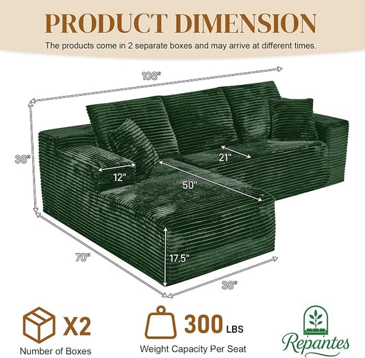 108" L Shaped Boneless Sectional Couches for Living Room, Comfy Corduroy Floor Cloud Sofa with Chaise, Wide Armrest, Deep Seat, Memory Foam, Assembly Free, Ideal for Small Spaces, Green