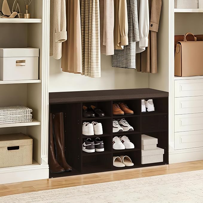 DINZI LVJ Shoe Storage Bench with Cushion, 14-Cubby Shoe Rack, Adjustable Shelves, Multifunctional Shoe Organizer Bench for Entryway, Mudroom, Hallway, Living Room, Bedroom and Garage, Espresso