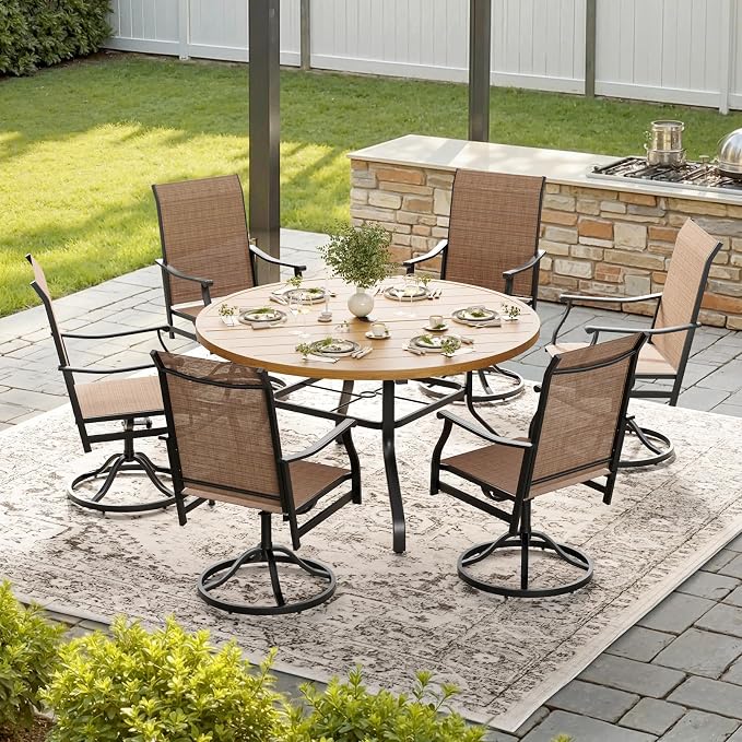 Soohow Outdoor Dining Set for 6, 7-Piece Patio Table and Chairs Set, 6 x Swivel Patio Dining Chairs and 47" Wood-Like Round Outdoor Table with 1.57" Umbrella Hole for Backyard, Poolside