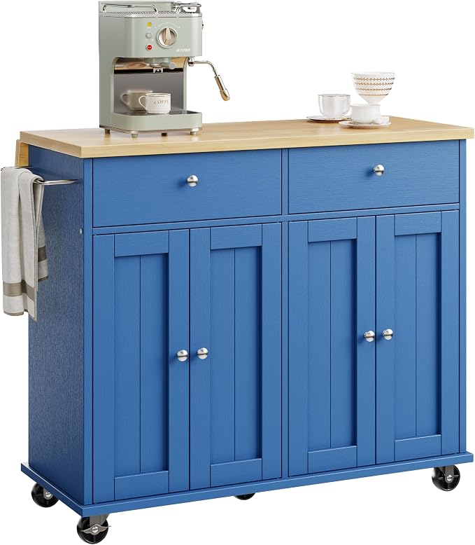 JY QAQA 39" Kitchen Island on Wheels with Storage Cabinet Kitchen Cart Cabinet with Shelves, Cart Handle for Towel Rack or Free Mobility, Portable Islands, Blue