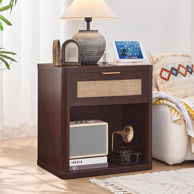 LEYAOYAO Rattan Nightstand with Charging Station, Walnut Night Stand with Drawer, 23" Wide Boho Bedside Table with Storage Shelf, Bed Side End Tables for Bedroom, Living Room, Hallway