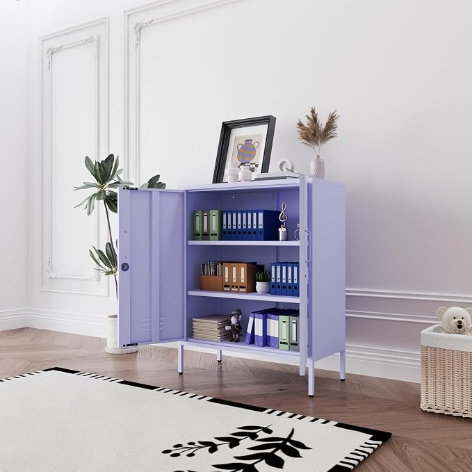 Purple 3 Tier Metal Storage Cabinet with Legs, Lockable 2 Door Metal Locker, Heavy Duty Multipurpose Accent Storage Cabinet with 2 Adjustable Shelves for Home, Office, Entryway and Hallway