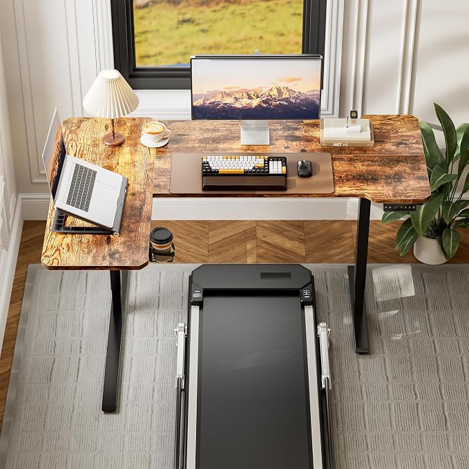 Acrolix L Shaped Electric Standing Desk - 59x40 Inch Reversible Corner Sit Stand Desk with Hook&Cup Holder,Electric Height Adjustable Table,for Home Office Gaming Computer Desk, Rustic Brown