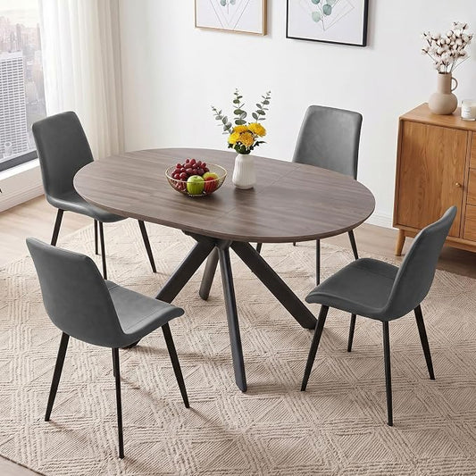 HIPIHOM 43.2"-59.1" Round Dining Kitchen Table with 4 PU Leather Chairs | Mid century modern oak MDF board, scratch resistant & easy clean, space saving, fits 4-6 person