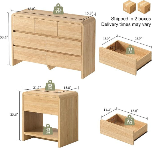 AMERLIFE Modern 3-Piece Bedroom Furniture Set with 7-Drawer Dresser and 2 Nightstands, Large Storage Capacity, Rounded Corners, Flexible Combination Design, Anti-Tip Kit Included, Light Oak