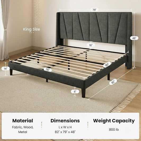SHA CERLIN King Size Bed Frame with Geometric Wingback Headboard, Upholstered Platform Bed with, 8" Under-Bed Space, No Box Spring Needed, Easy Assembly, Grey