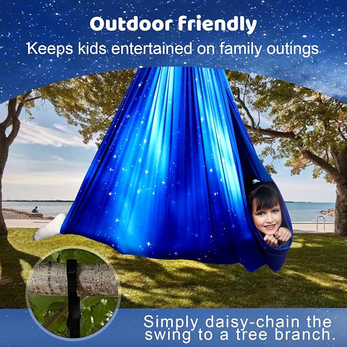 HiCamer Double Layer Sensory Swing for Kids & Adults Holds up to 300lbs Indoor and Outdoor Therapy Cuddle Swing with 360° Swivel Hanger Kit Adjustable with Aspergers Autism ADHD (Star Blue)