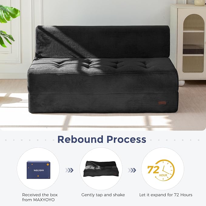 MAXYOYO 8" Folding Sofa Bed, Fold Out Chair Bed, Convertible Floor Sofa Couch, High-Density Foam Tufted Lounge Couch for Living Room Bedroom Dorm, Loveseat, Black