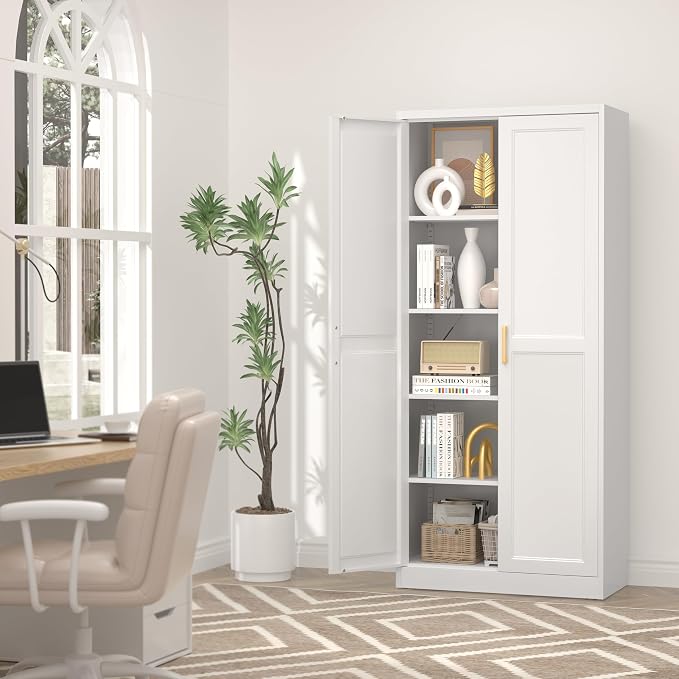 UNICOLY 71" Kitchen Pantry Cabinet, Pantry Storage Cabinet with Doors and 4 Shelves, Metal Storage Cabinets for Kitchens, Living Room, Dinning Room, Assembly Required, White