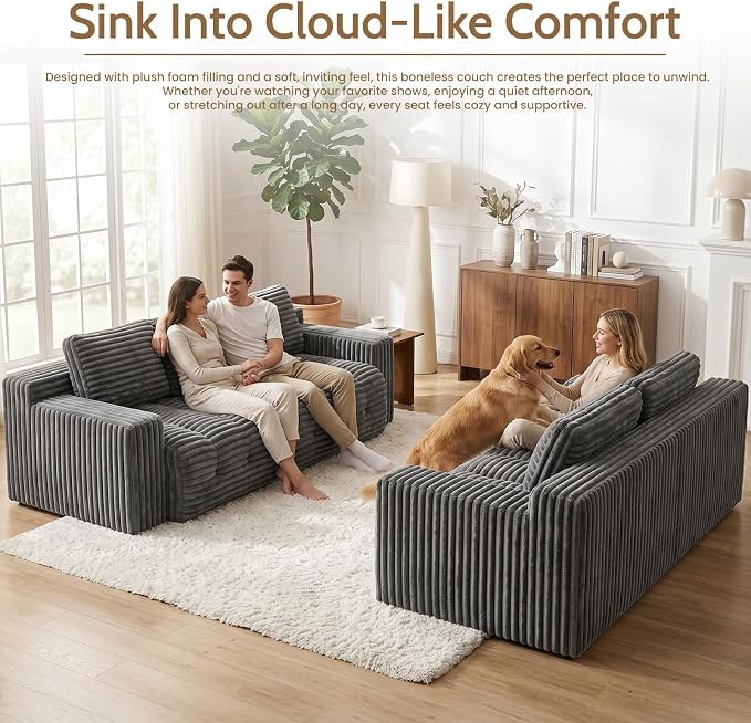 70” Boneless Couch, 3 Seater Sofa Couch with Extra Deep Seats 3 Pillows,Corduroy Modern Small Couch for Living Room, Office, Bedroom, Apartment,Grey