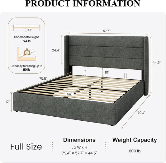 SHA CERLIN Full Size Lift Up Storage Bed/Modern Wingback Headboard/Upholstered Platform Bed Frame/Hydraulic Storage/No Box Spring Needed/Wood Slats Support/Dark Grey