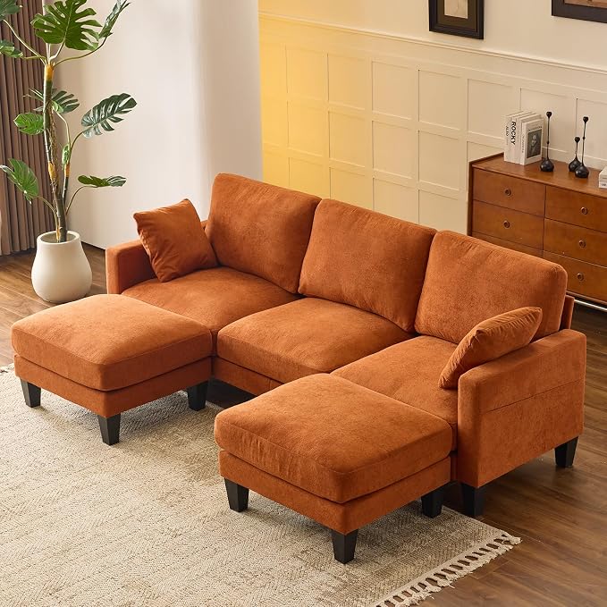 VINGLI 100" W U Shaped Couch with Ottoman, 22" Deep Seat Comfortable Sectional Couches for Living Room, 3 Seater Chenille Fabric Cloud Sofa for Apartment, Small Spaces, Bedroom, Orange