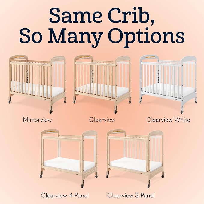 Foundations Serenity Compact Clearview Daycare Crib, Fixed Side, Durable Wood Construction, Non-Marking Casters (2 Locking), Clear End Panels, Includes 3” InfaPure Foam Mattress (White)