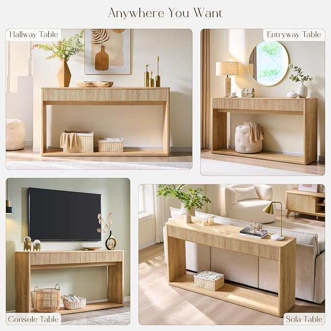 OKD 63" Fluted Console Table for Entryway, Modern Entryway Table with 2 Large Drawers, Long Sofa Table Behind Couch for Living Room, Hallway, Couch, Foyer,Natural Oak