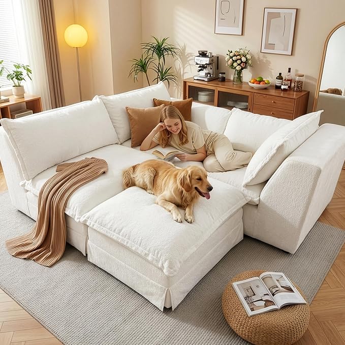 Claiks 123" Modular Boneless Couch, U Shaped Couch for Living Room, Modern Deep Seat Sofa 3 Seater Chenille Fabric Comfy Cloud Couches with Movable Ottoman, Beige