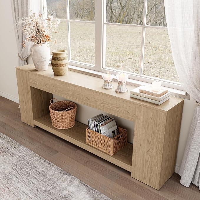 Epecoya Console Table for Entry Way with Storage 86 Inch, Extra Long Sofa Table Behind Couch for Living Room, Wooden Entryway Entrance Table with 2-Tier Shelves, Light Oak Brown