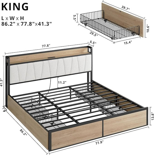 LIKIMIO King Bed Frame with 4 Storage Drawers, Platform Bed with Charged Headboard, Sturdy and Stable, No Noise, No Box Spring Needed, Easy Install, Wood and Cream