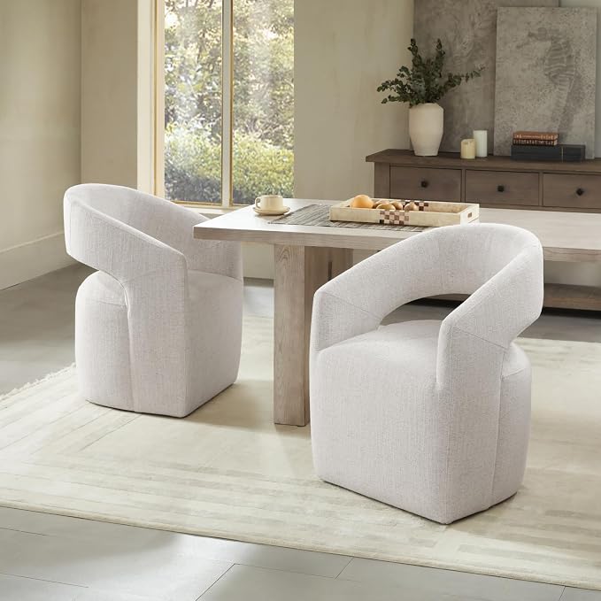 KISLOT Upholstered Dining Chairs with Casters, No Assembly Modern Barrel Armchair with Rollers for Dining Room, Bedroom, Living Room, Reading Room, Home Office, Set of 4, Beige