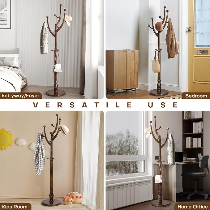 Bekrvio Wood Freestanding Coat Rack Coat Tree with Round Base, Walnut | Unique Coat Hanger Stand, Heavy Duty Standing Coat Rack, For Jacket, Hat, Bags For Entryway, Hallway, Bedroom, Apartment