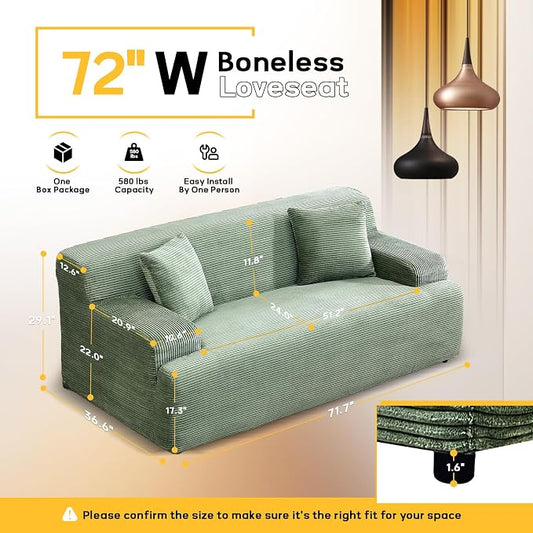 VINGLI 72" W Boneless Loveseat Sofa, Cloud Corduroy Couch in a Box, Compressed Deep Seat Sofa with 10.6" Wide Curved Armrests, Easy Assembly Required for Living Room, Apartments & Office, Green