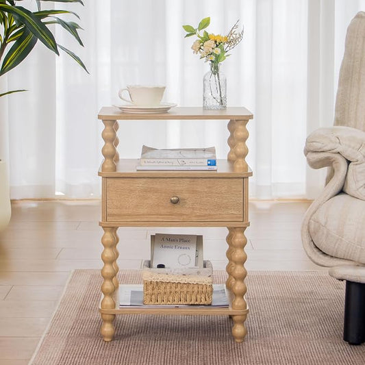 AWASEN Night Stand with Drawer, Bedside Table with Storage, 3-Tier Small Nightstand End Table for Bedroom with Solid Wood Spindle Legs, Rustic Walnut