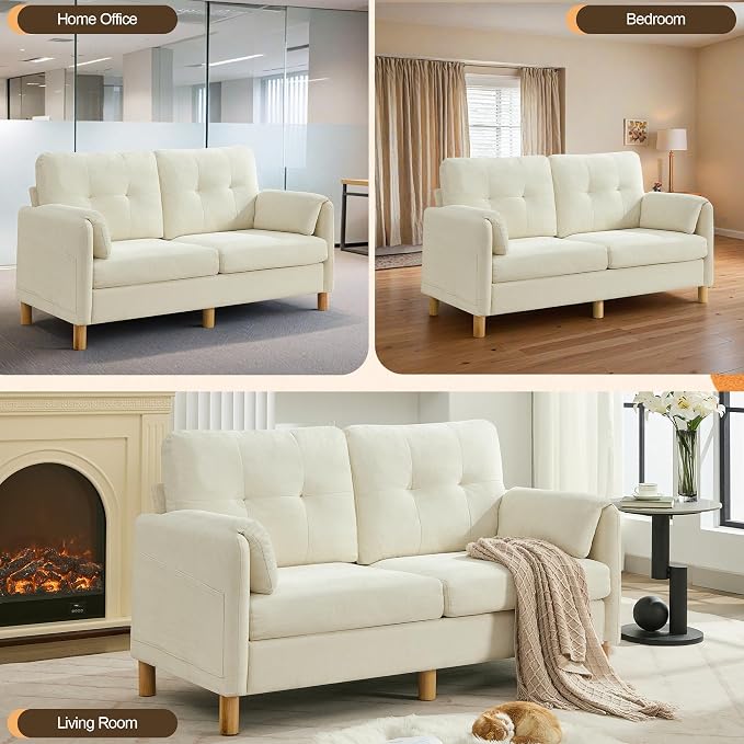 WUTUTUEE 65" Chenille Loveseat Sofa, Modern 2-Seater Love Seat Couch with Armrest Pillows, Storage Pockets, Easy Assembly, Upholstered Tufted Loveseat Sofa Couches for Living Room Bedroom, Beige