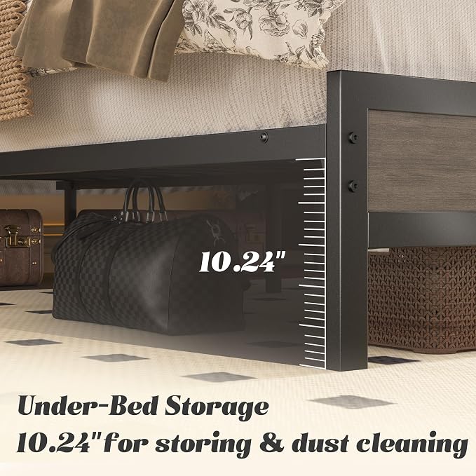 Fluest Full Bed Frame with Headboard & Footboard, Full Bed Frame with Built-in Charging Station & LED Light, Storage Shelf, Noise-Free, No Box Spring Needed, Easy Assembly, Rustic Grey