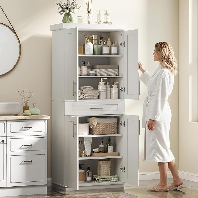 HOMCOM 72" Kitchen Pantry Cabinet, Freestanding Tall Storage Cabinet with 4 Doors, Drawer and 3 Adjustable Shelves for Dining Room, White