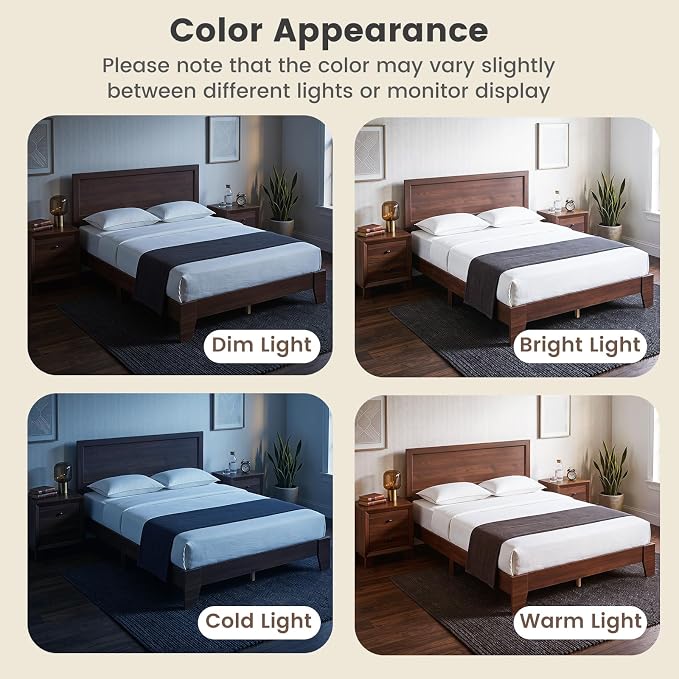 KOMFOTT Queen Size Bed Frame, Mid-Century Modern Platform Bed with Headboard, Wooden Slat Support Mattress Foundation, Under-Bed Storage Space, No Box Spring Needed (Walnut,Queen)