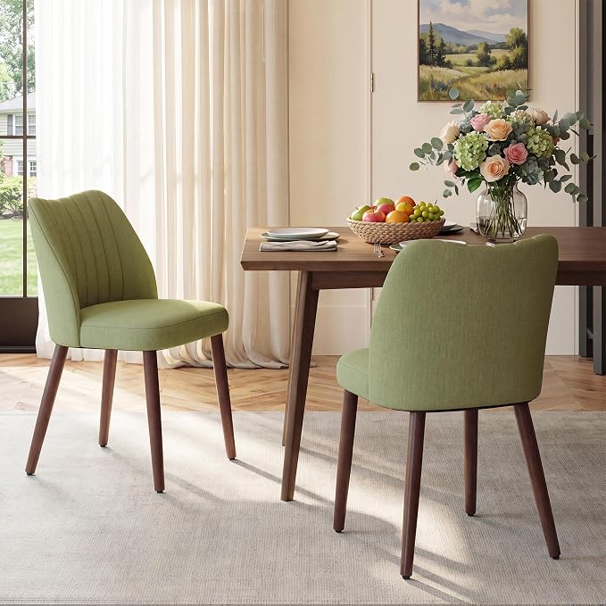 Upholstered Dining Chairs Set of 2, Modern Fabric Dining Chairs with Curved Backrest & Solid Rubber Wood Legs, Padded Kitchen Dining Room Chairs for Restaurant Cafe, Green