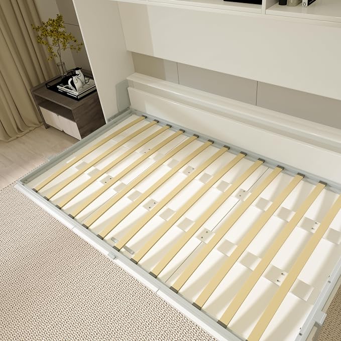 Twin Size Flipping Murphy Bed Cabinet with Shelf Storage, Modern Hideaway Beds, Wall Bedframe for Bedroom,Space-Saving, Noise Free, White