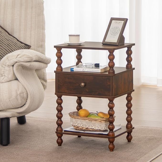 AWASEN Night Stand, Bed Side Table Bedroom with Drawer, 3-Tier Small Nightstand End Table with Storage for Small Spaces &Solid Wood Spindle Legs, Rustic Brown