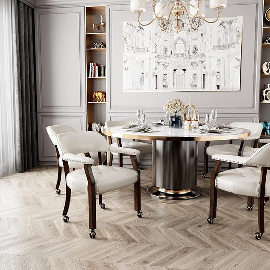 LEEMTORIG Set of 8 Dining Chairs With Casters and Arms, Large Rolling With Wheels, Poker Table, Solid Wood Boss Caption's Office, Espresso Legs & Ivory PU SY-318-WT