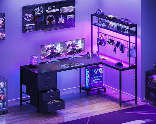 AODK L Shaped Gaming Desk with 4 Drawers, 59" Reversible Computer Desk with Hutch and Shelves, Gamer Desk with LED Lights, Power Outlets, Home Office Corner Desk with Gird Pegboard, Black