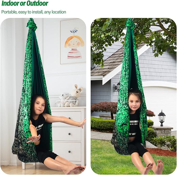 Sensory Swing for Kids & Adults Holds up to 300lbs Indoor & Outdoor Double Layer Therapy Cuddle Swing with 360° Swivel Hanger Kit for Calming, Effect for Autism, ADHD or SPD. (Crystal Green)