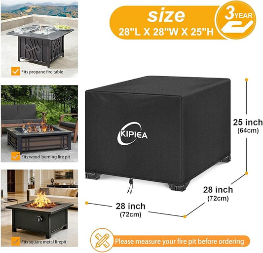 Kipiea Square Fire Pit Cover, Upgraded 600D Strong Tear Resistant, 28" L x 28" W x 25" H Super Waterproof Fire Pit Table Cover, UPF 50+ Outdoor Firepit Cover Square Fading Resistant