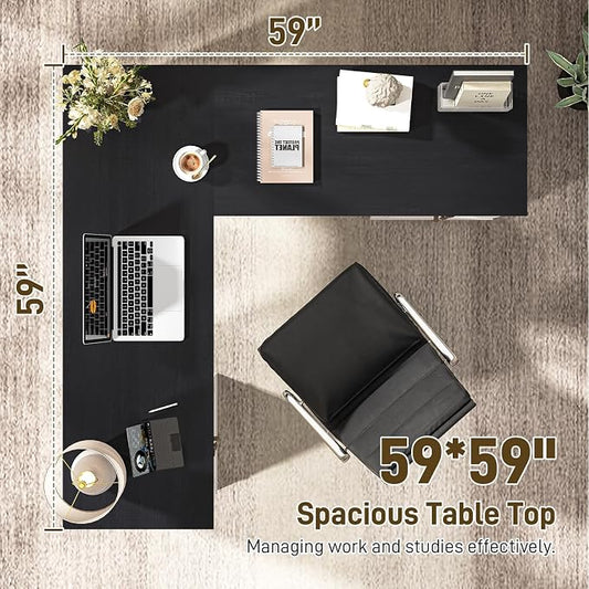 Vabches Farmhouse L Shaped Executive Desk with 6 Drawers, 59’’ Wood Home Office Desk with File Cabinet, Writing Corner Computer Desk for Home Office, Work, Study, White and Black