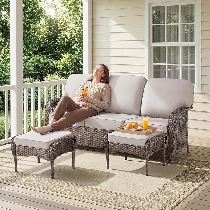 Belord Luxury Patio Furniture Set with 5-inch Thick Cushion, Outdoor Couch,Ottoman and High Back Swivel Rocker Patio Chairs, 8PCS Wicker Conversation Set for Deck Yard and Poolside,Beige
