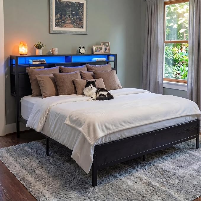 Homkdom King Bed Frame with Storage Headboard, Charger & LED Lights, Black | 3-tier shelves and 4 drawers,2 USB&1 Type-C ports,Heavy-duty metal loads 880lbs,Noise-free,No box spring needed,Easy assembly