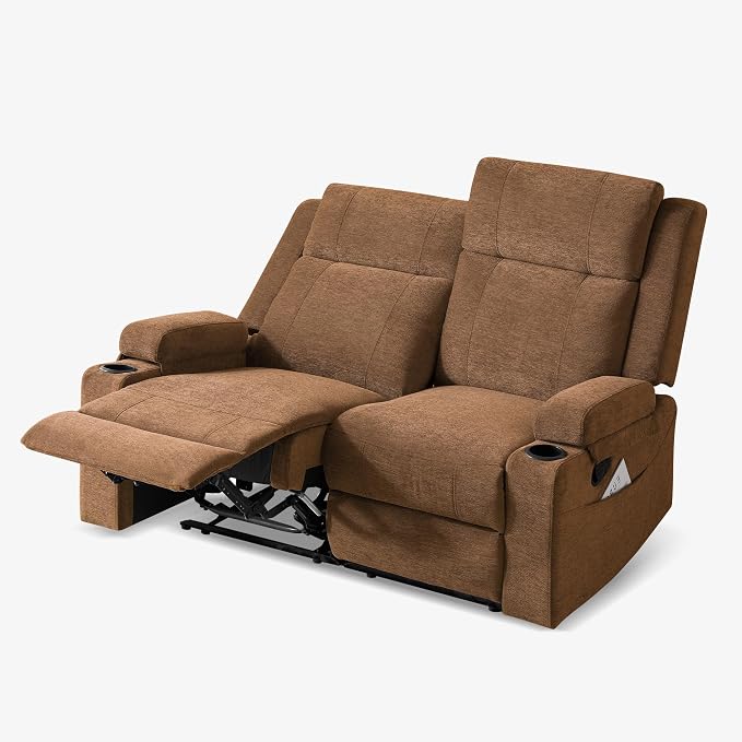 55" RV Loveseat Recliner β Space-Saving Double Reclining RV Sofa, Compact Theater Seating with Cup Holders & Storage Pocket, Brown Chenille Couch for Camper, Motorhome & Home Theater