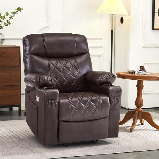 MCombo Small Power Lift Recliner Chair Sofa with Massage and Dual Heating, Adjustable Headrest for Elderly People Petite, USB Ports, Faux Leather 7111 (Dark Brown)