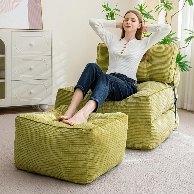HIGOGOGO Square Stuffed Pouf Ottoman, Corduroy Poufs with Foam Chunk Filling, Furry and Fluffy Pouf Foot Stool Storage Ottoman, 21 X 21 Floor Poufs Foot Rest for Living Room, Green