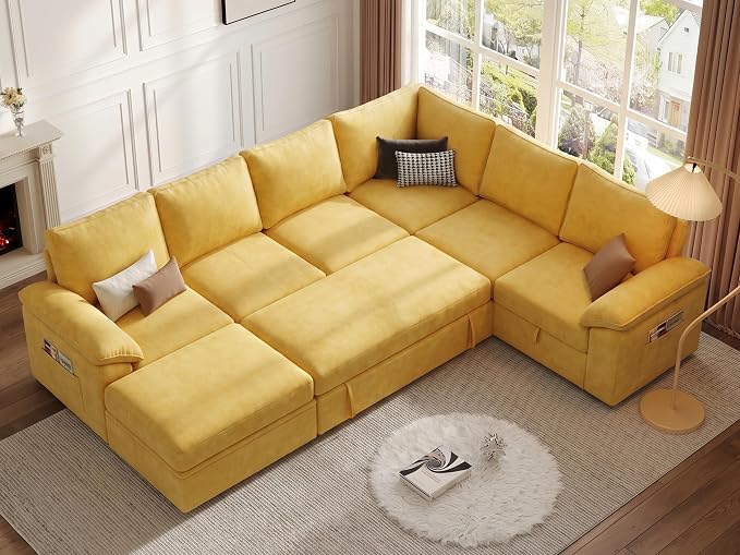 108 Inch Modular Sectional Sofa with Pull Out Bed,U Shaped 7 Seat Sectional Sleeper Sofa with Storage,Sectional Couches for Living Room,Cloud Modular Couch,Removable Sofa Cover,Yellow