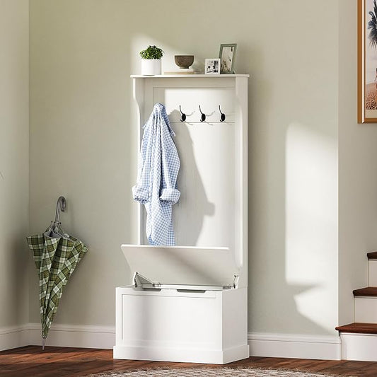 HOMCOM Hall Tree with Bench and Shoe Storage, 3-in-1 Entryway Bench with Coat Rack, 4 Hooks and Flip Top Storage Compartment, Cream White