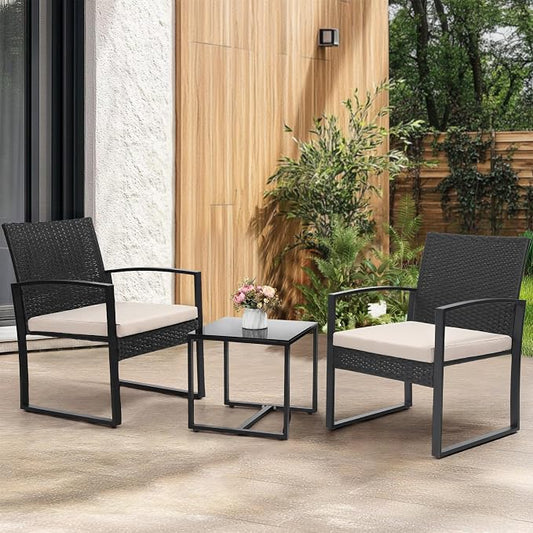 3 Piece Outdoor Wicker Bistro Set, Rattan Patio Conversation Set with Coffee Table & Washable Cushions for Porch Yard Balcony, Black/Beige