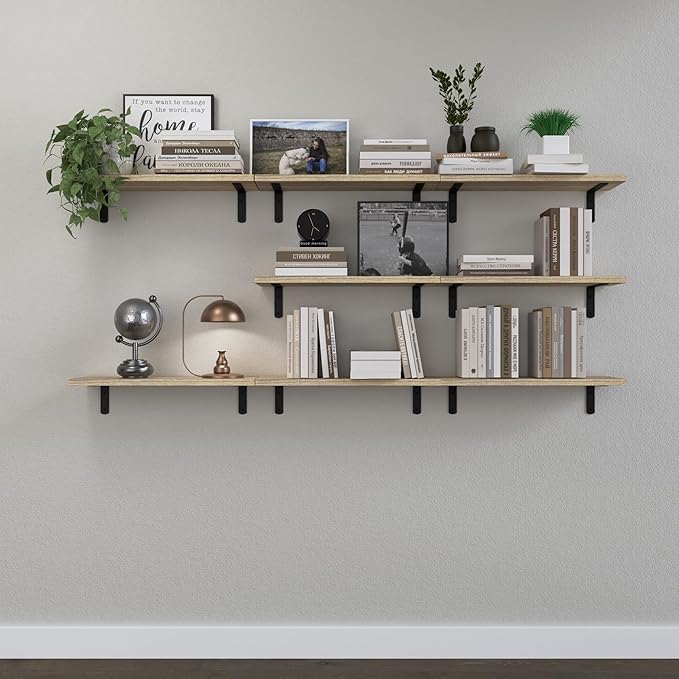 DOLLFIO Floating Shelves, 8 Sets Wall Shelves, Wood Floating Shelves for Bedroom Wall Décor, Wall Mounted Floating Bathroom Shelf for Storage, Floating Book Shelf Living Room – Rustic Brown
