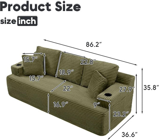 86.2'' Boneless Sofa Couch with Cup Holders & Side Pockets, Modern Corduroy Fabric Upholstered 3-seat Couch with 2 Throw Pillows for Living Room, Office, No Assembly (Green)