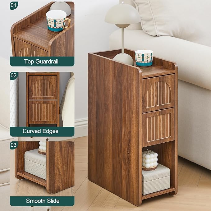 Walnut Narrow Nightstand, Wooden Small 2 Drawer Nightstand, Slim Side End Table, Skinny Bedside Table, Mid Century Modern Night Stand with Drawers, for Living Room (Deep Walnut-1 pc)
